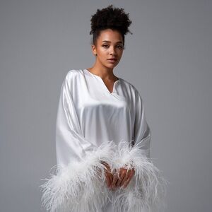Luxury White Satin Feather-Trim Sleepshirt